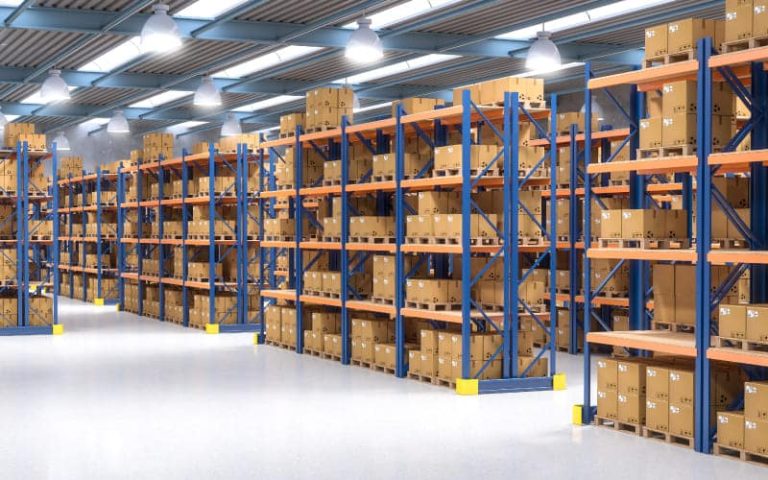 Warehouse filled with organized cardboard boxes